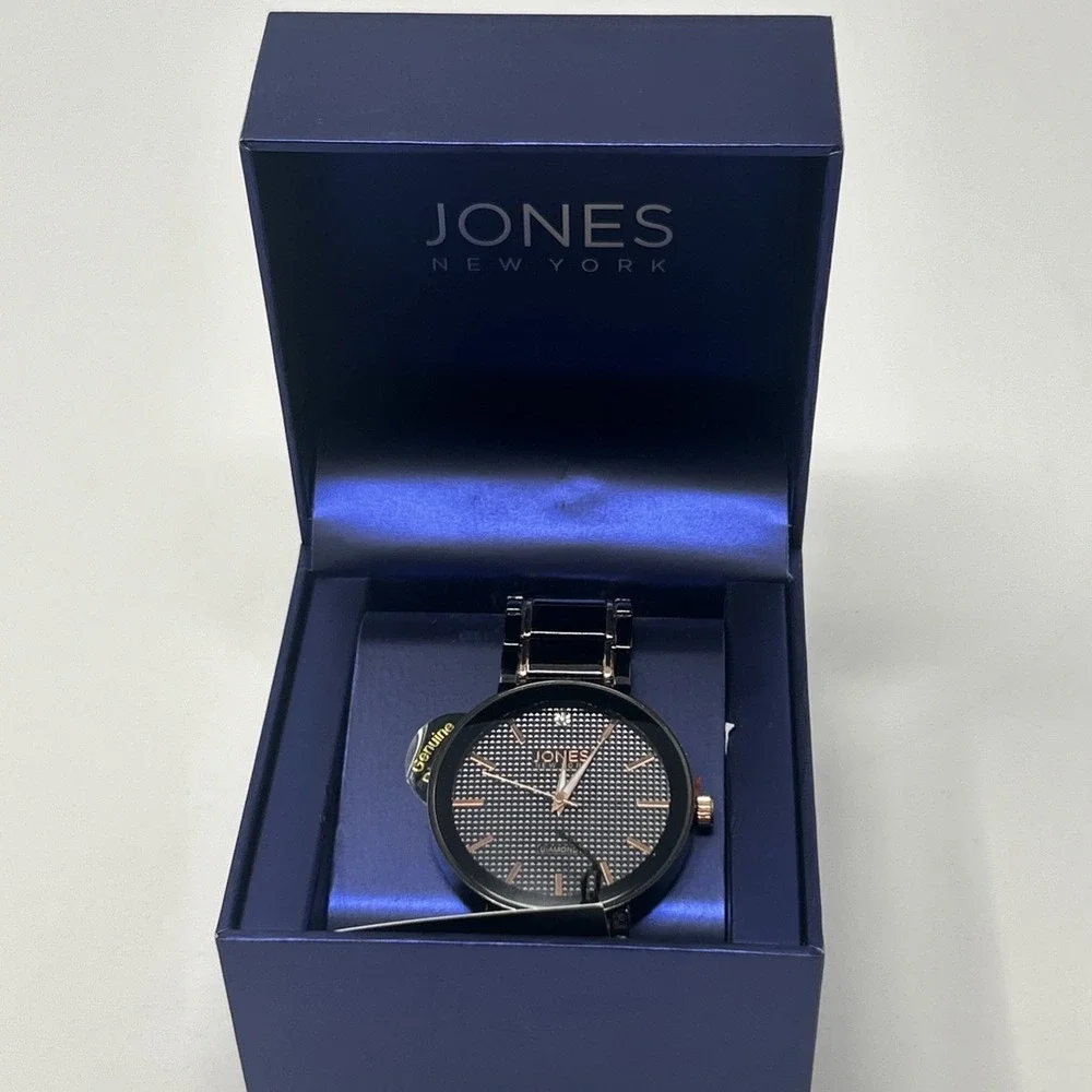 NIB Jones New York Men's Watch Black/Gold Black Face Genuine Diamond